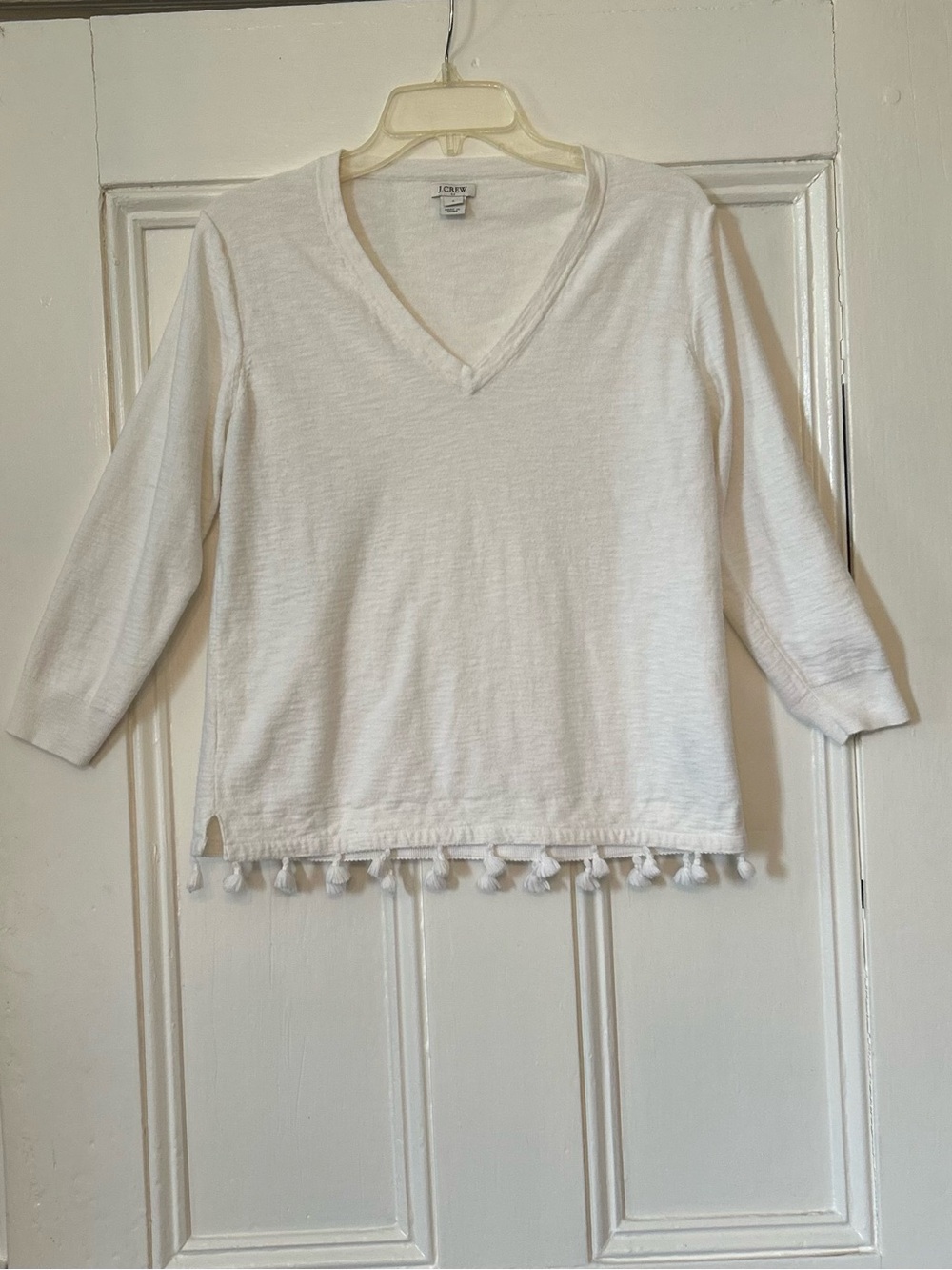 J.Crew White Tassel Hem V-Neck Top Size S Boho Coastal Beachy Minimalist